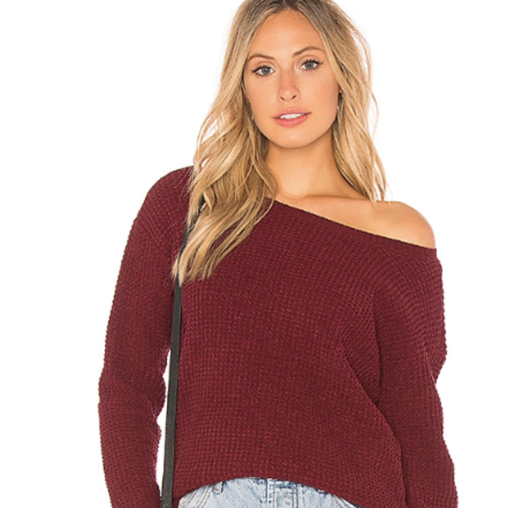 NWT BB Dakota Eugene Waffle Stitch Burgundy Sweater Size M Red Cozy Off Shoulder
